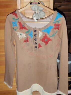 We The Free Brown Boho Embroidered Neckline Sweatshirt Sz Small Excellent